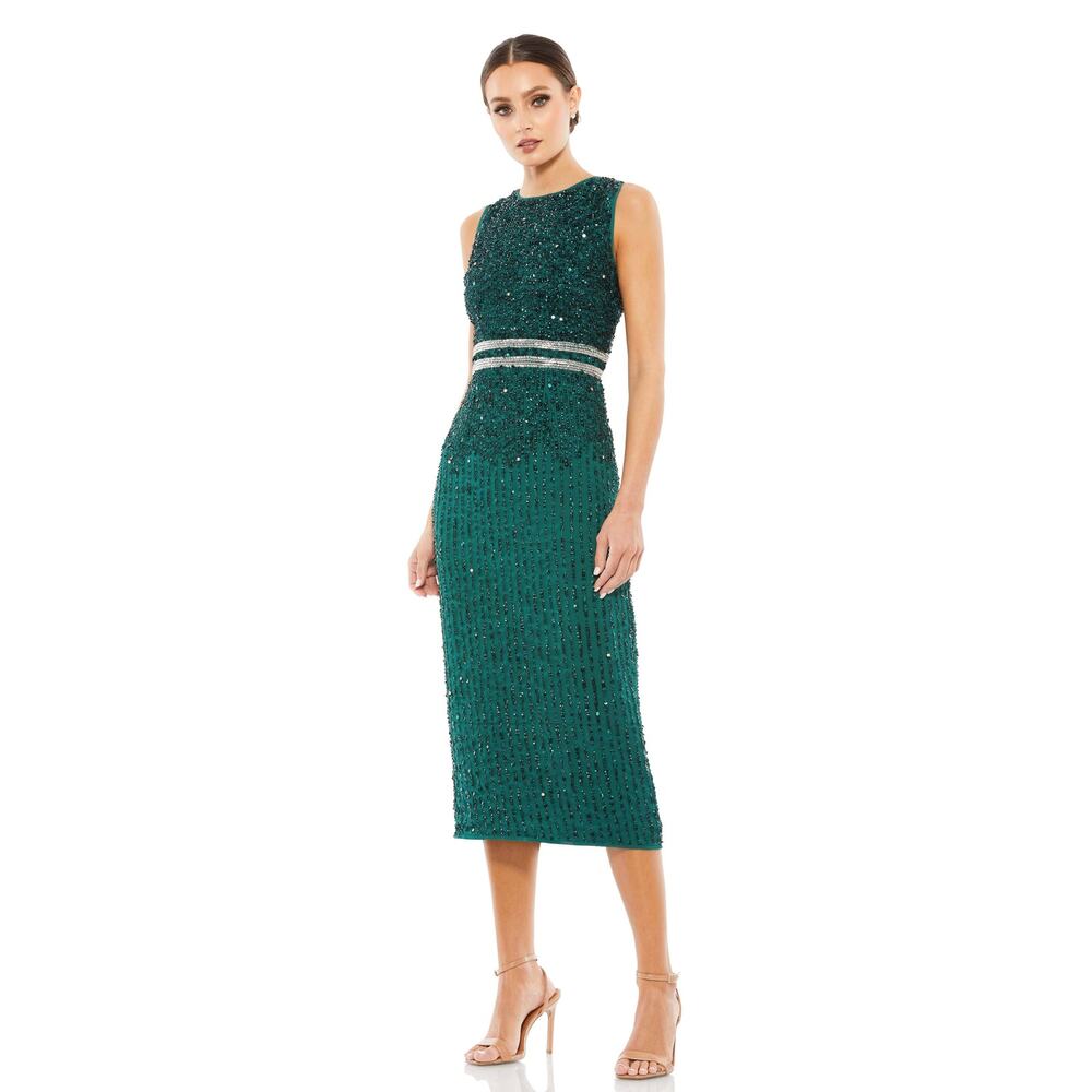 Mac Duggal Beaded Midi Sheath Dress 10509 | NWT Deep Emerald Sz 2 Cocktail Gown